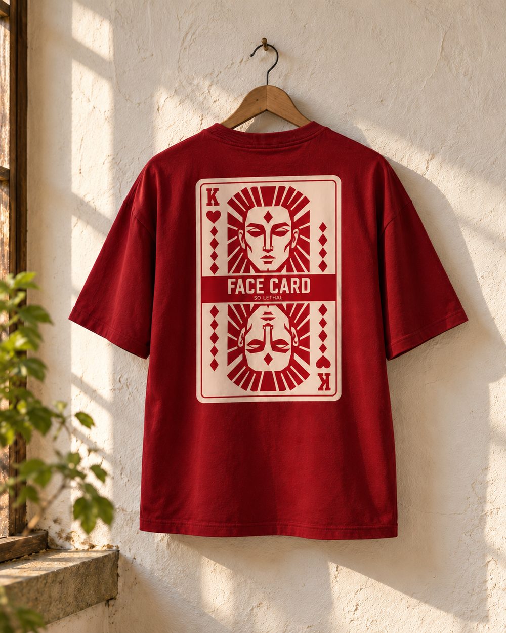 Face Card tee in maroon on a hanger against a white wall, king card back print