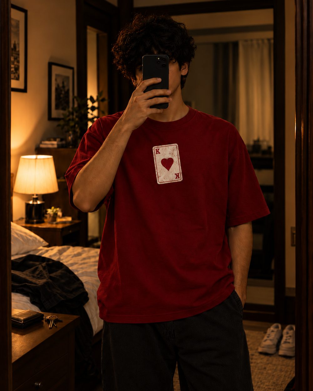 Face Card tee in maroon, heart card chest print, mirror selfie in a lamp-lit bedroom