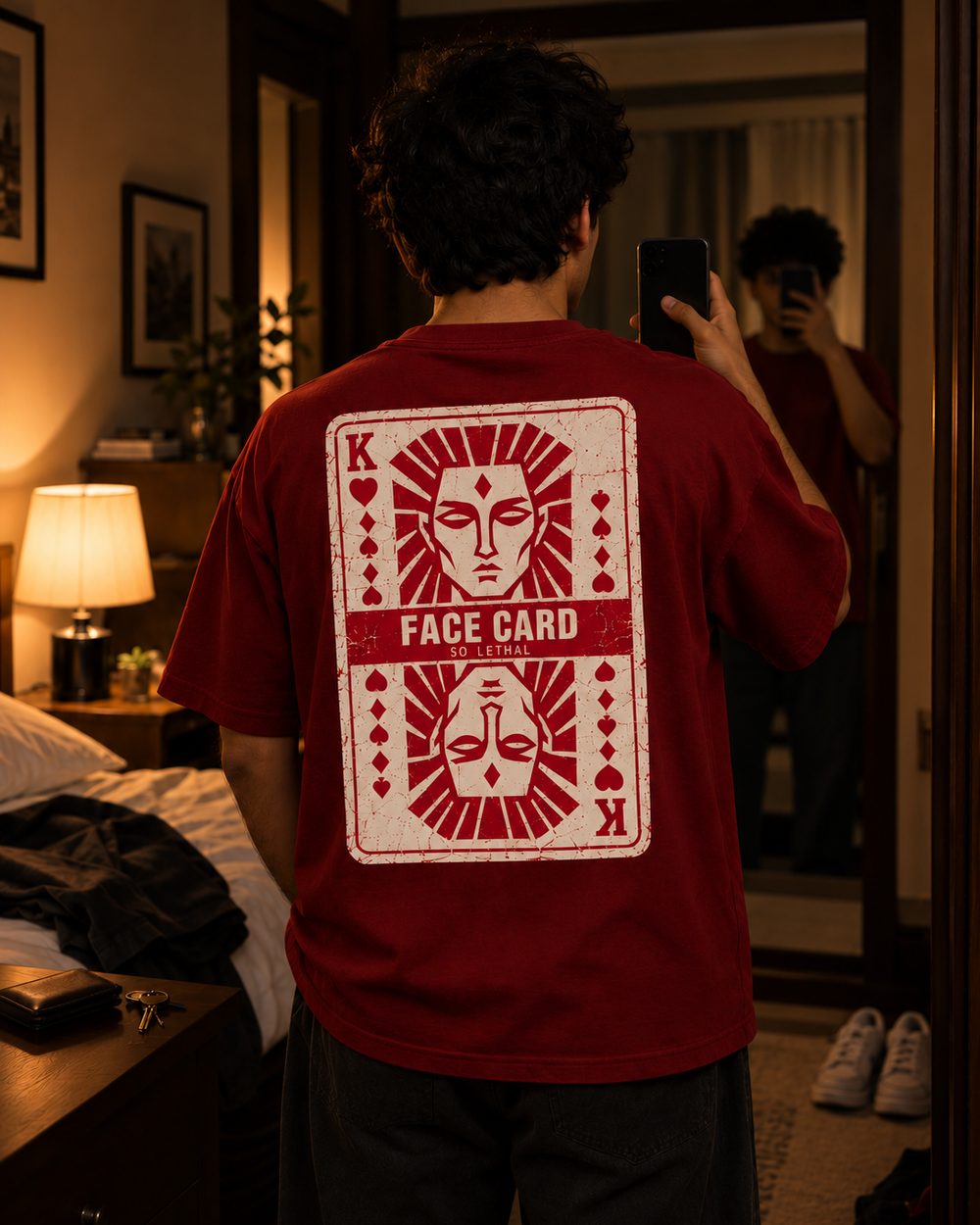 Face Card tee in maroon, full back print, mirror selfie in a lamp-lit bedroom