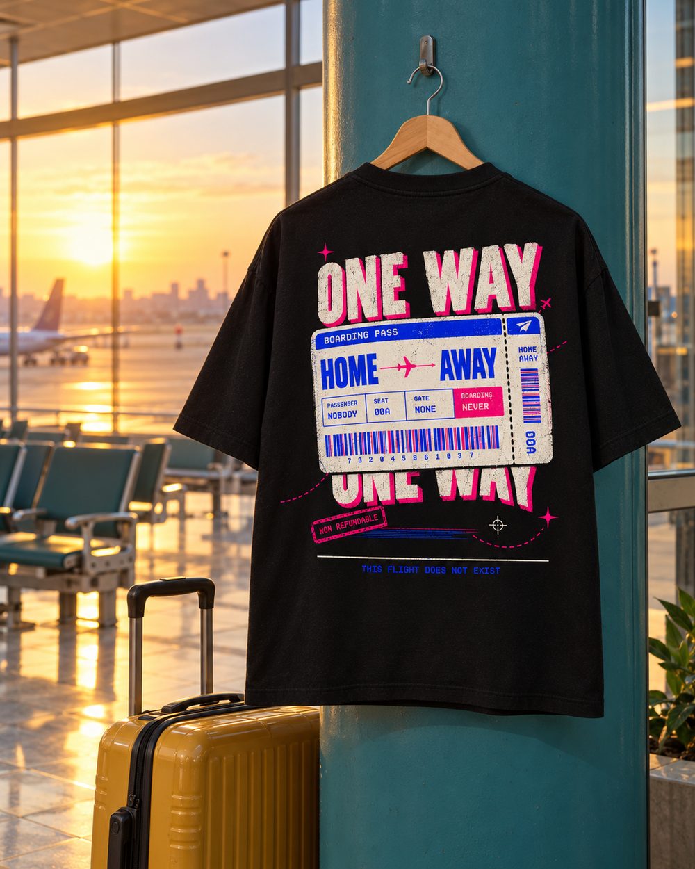 One Way tee on a hanger at a sunlit airport window, back print