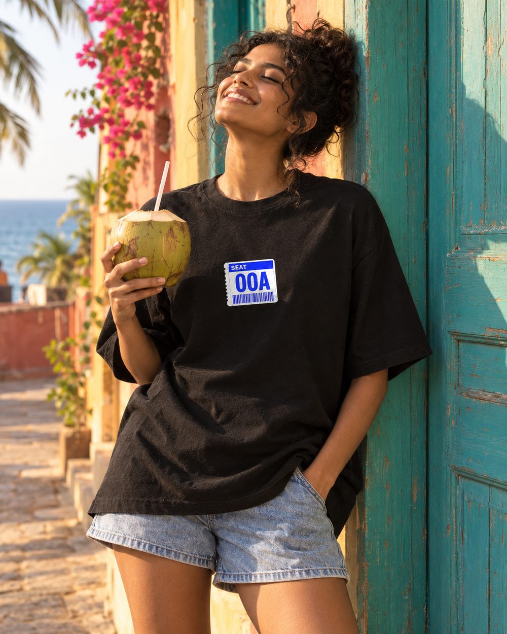 One Way tee, Seat 00A chest print, holding a coconut by a beach doorway