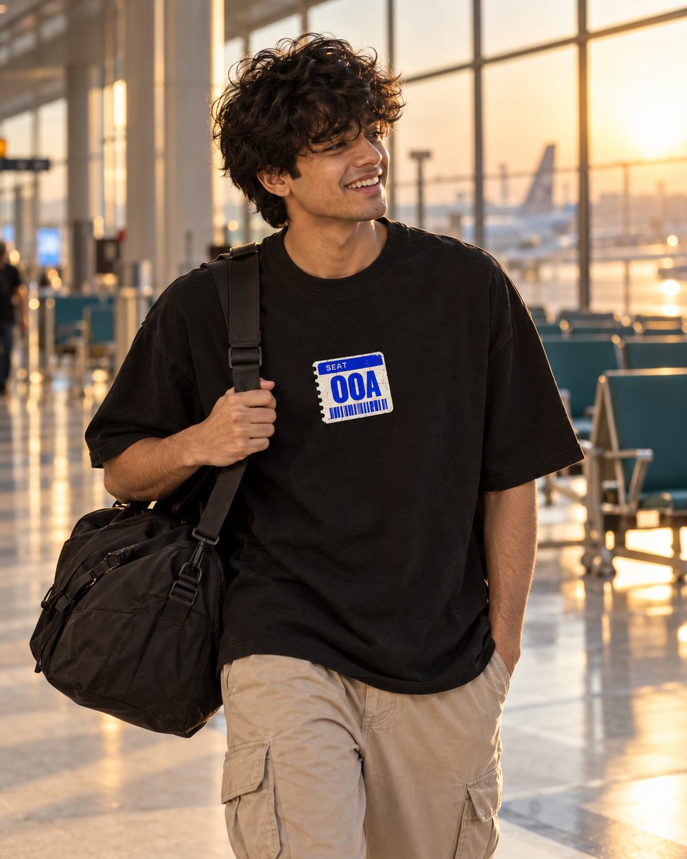 One Way tee, Seat 00A chest print, with a duffel bag in the terminal