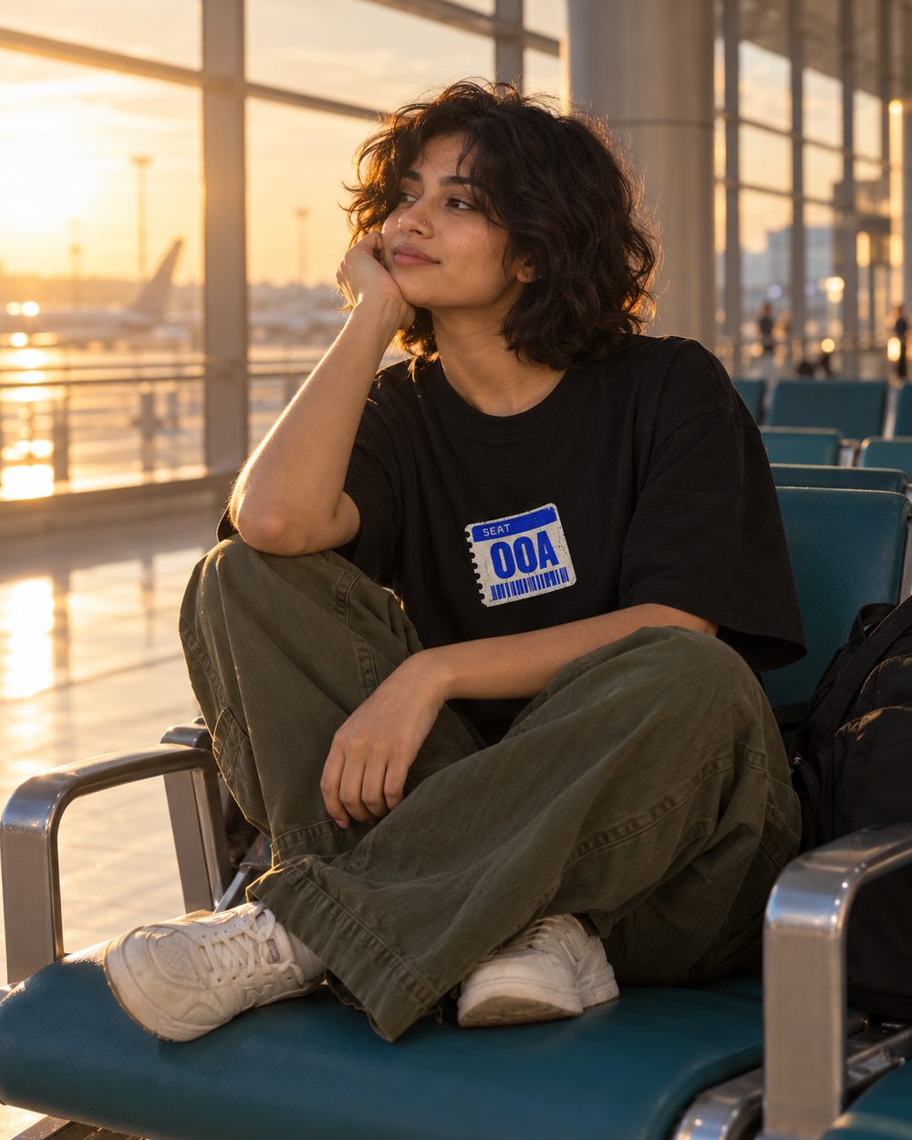 One Way tee, Seat 00A chest print, sitting cross-legged at the gate