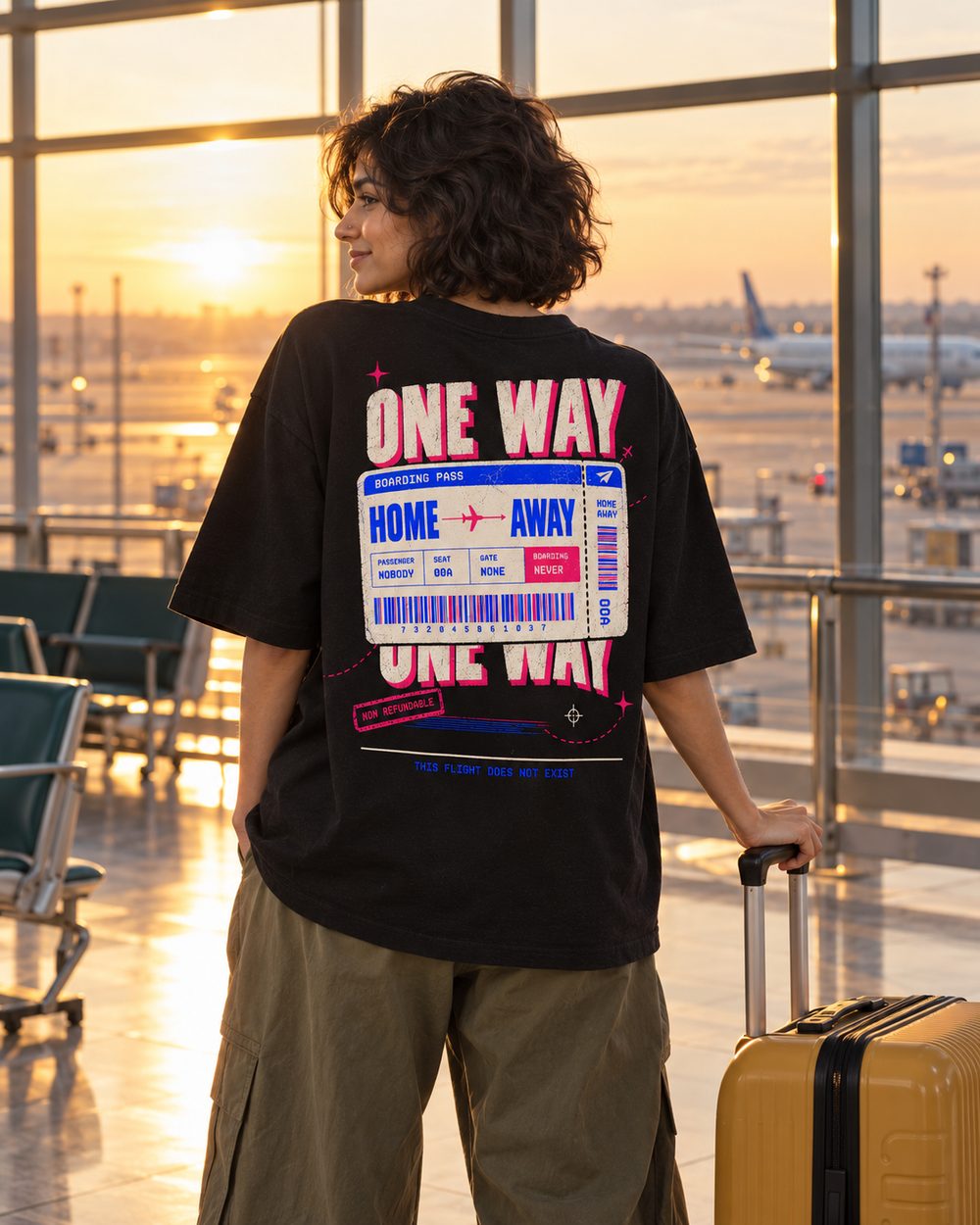 One Way tee, boarding pass back print, with a yellow suitcase at the window