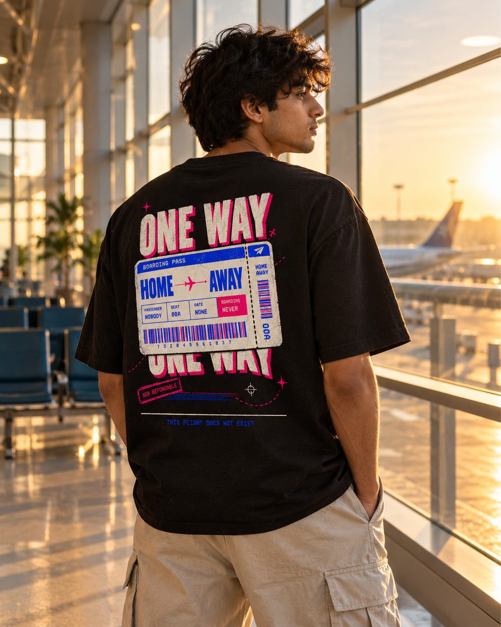 One Way tee, boarding pass back print, by the terminal windows