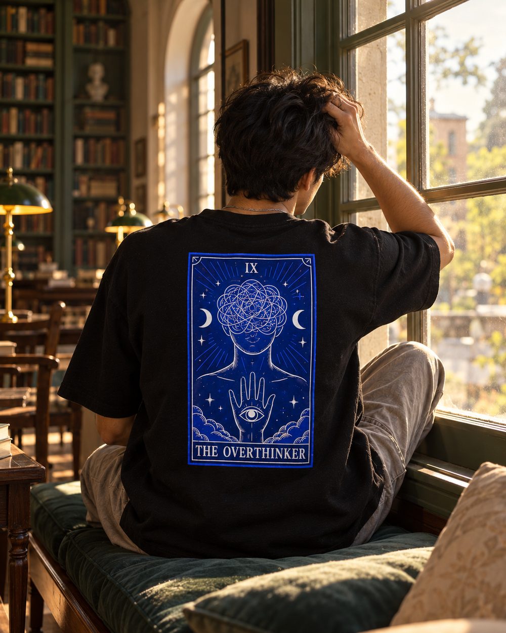The Overthinker tee, tarot card IX back print, seated by a library window